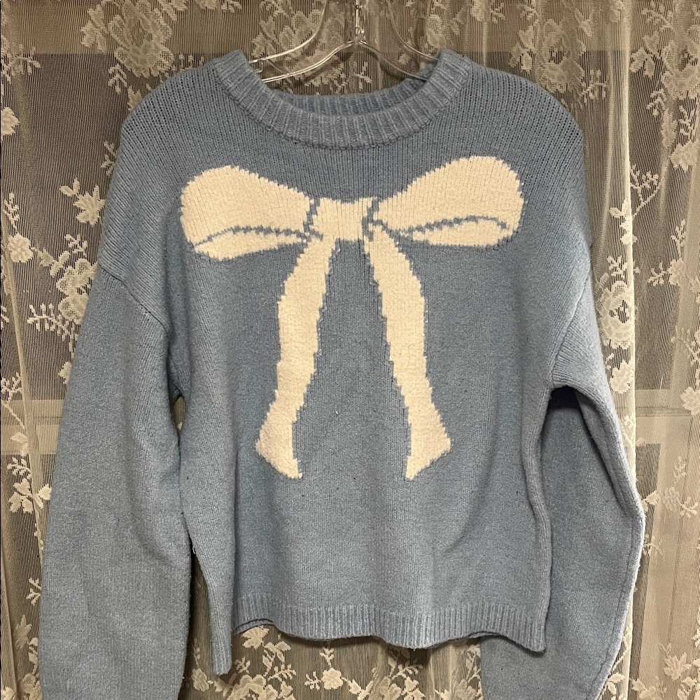 Target Blue Sweater with Cream Bow